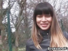 Perky brunette fucks outdoors for cash